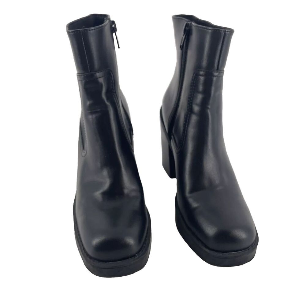 Vegan Leather Ankle Boots Womens 6 Zip Chunky Y2K Black Grunge Goth Moto Punk - Picture 2 of 8
